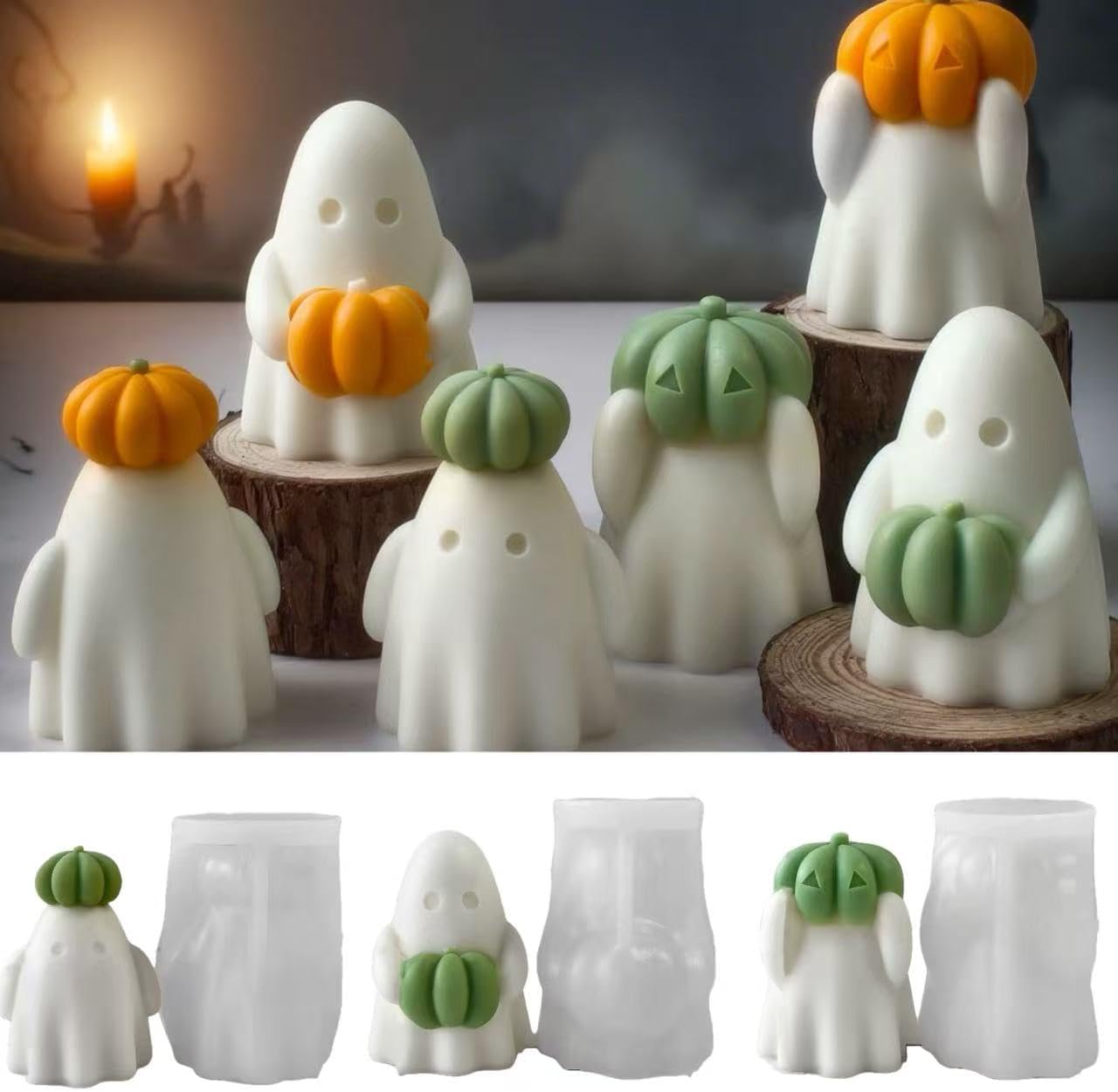 3 Pcs Ghost & Pumpkin Candle Molds for Candle Making, DIY Halloween Ghost Mold Silicone for Candles, Soap, Fondant, Chocolate, Epoxy Resin