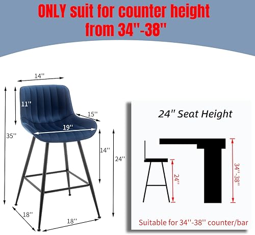 Miniatura 2 de Juego de 2 taburetes de bar de lujo, taburetes de bar de altura de mostrador, 24 pulgadas de altura de asiento, taburetes de bar tapizados de