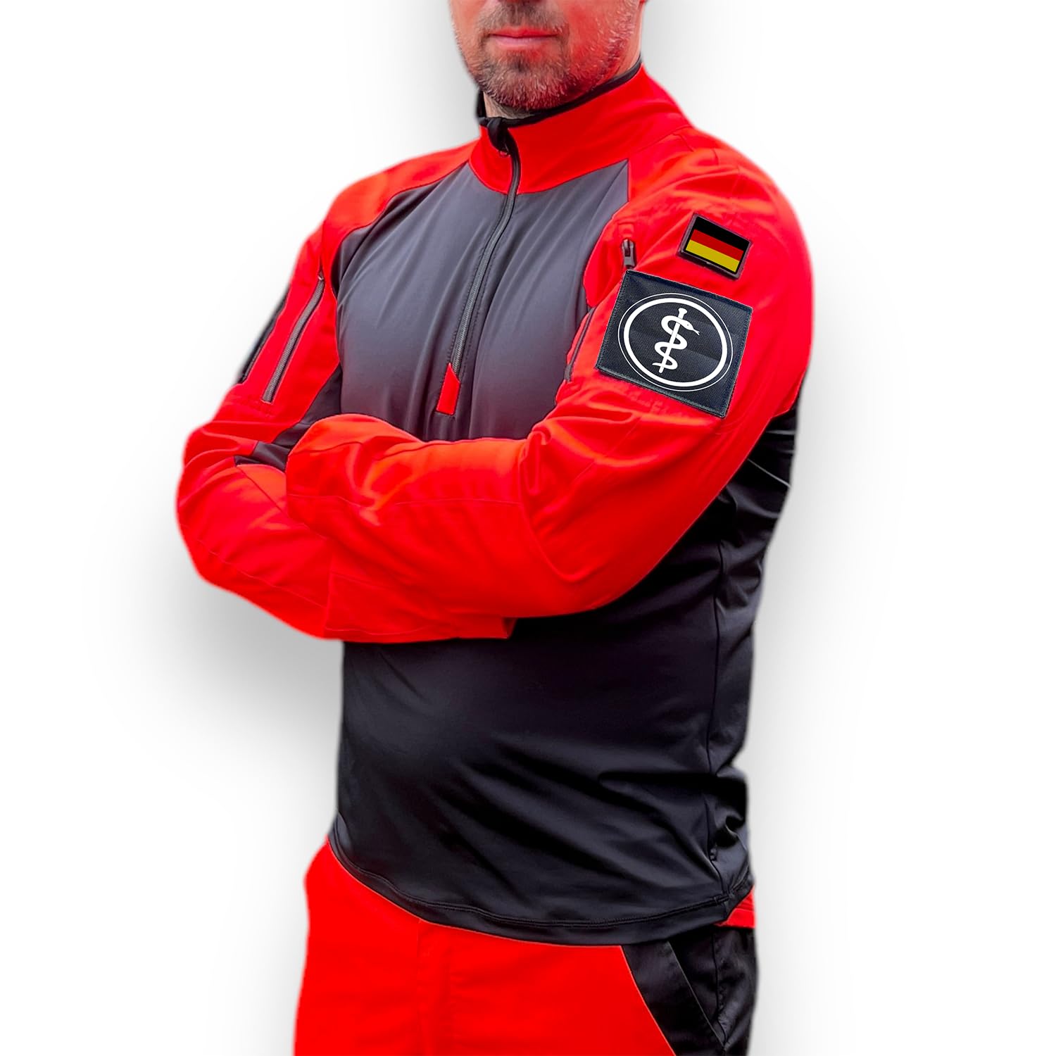 RPLUS Combat Shirt Rettungsdienst Rot Herren – Rückenaufdruck & Klett-Patch