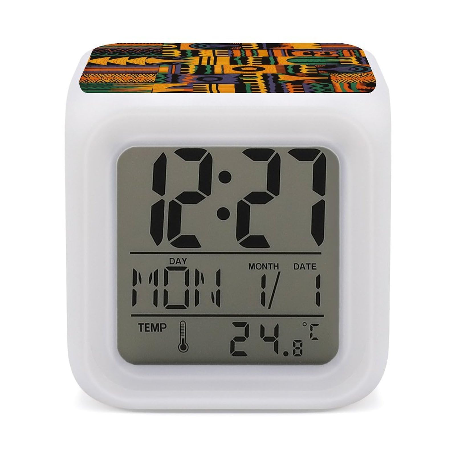 VstaDank African Ethnic Pattern1 Alarm Clock with 7 Color Changing Night Light Date Temp Display Wake Clocks LED Display Digital Clock Electric Desk Clocks for Living Office Bedroom Decor