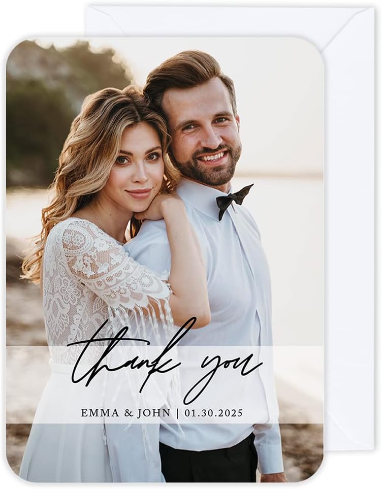 Andaz Press Personalized 5x7 Inch Photo Wedding Thank You Cards with Envelopes, Modern Wedding Thank You Card with Message, Custom Photo, Name, and Date, Thank You Notes, Bulk 24-Pack