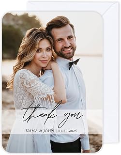 Andaz Press Personalized 5x7 Inch Photo Wedding Thank You Cards with Envelopes, Modern Wedding Thank You Card with Message, Custom Photo, Name, and Date, Thank You Notes, Bulk 24-Pack
