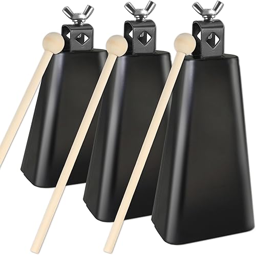 Miniatura 8 de Cencerro de acero con palo, de metal para hacer ruido, campanas de vaca de percusión para batería (4 pulgadas)