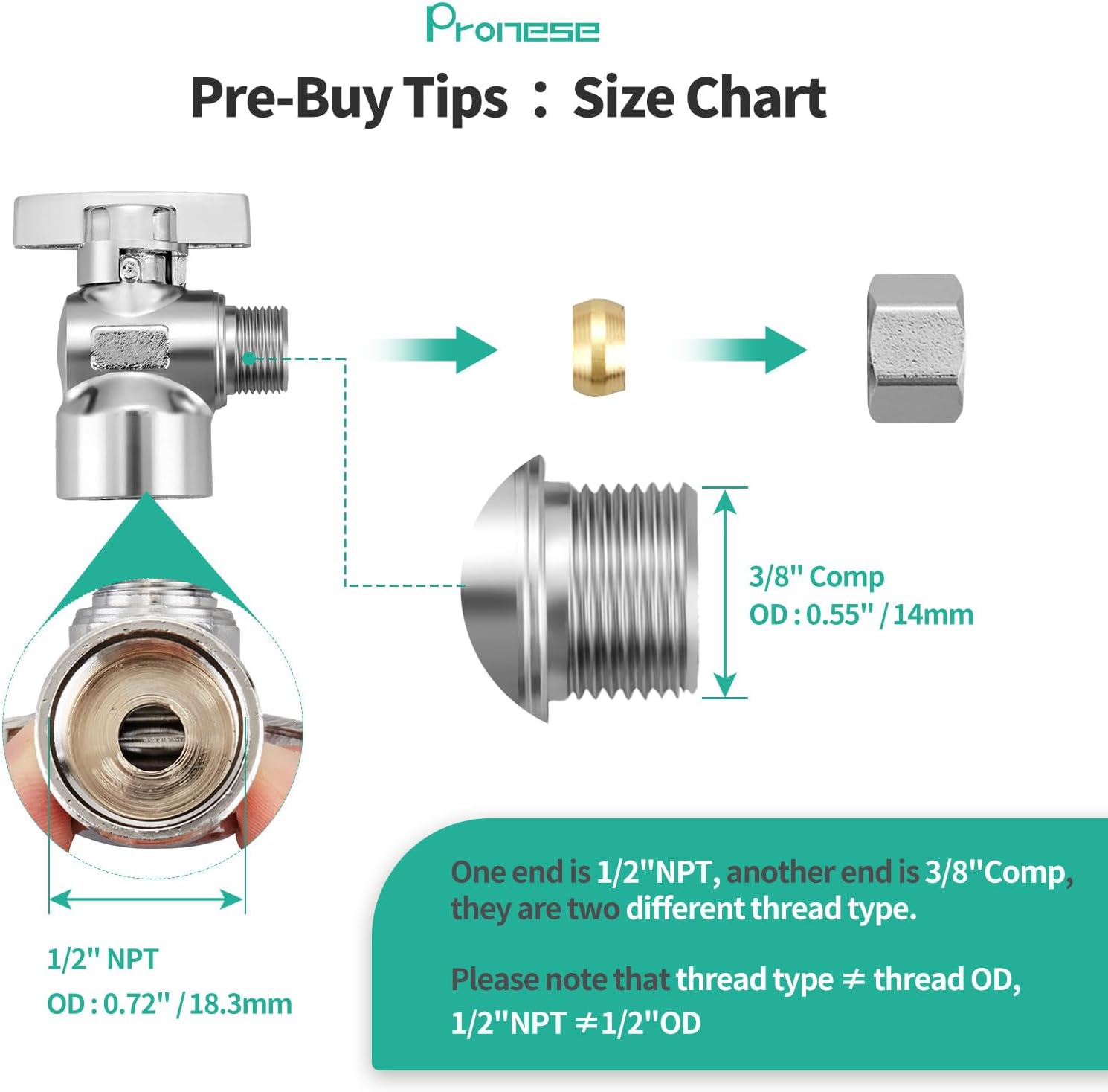 4 Pack Premium Brass Chrome plated 1/2" FIP Female Thread x 3/8 Inch OD Compression Quarter Turn Water Angle Stop Valve Shut Off