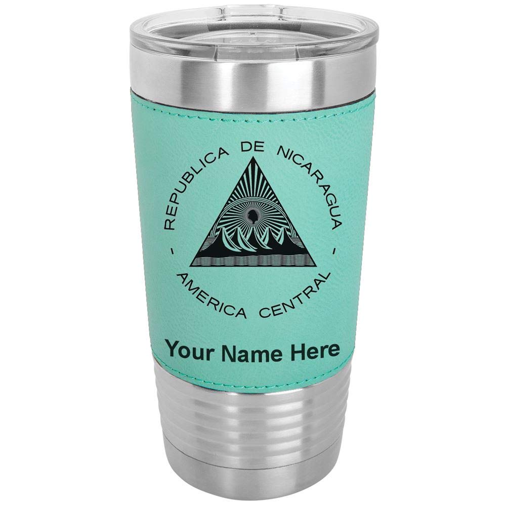 LaserGram 20oz Vacuum Insulated Tumbler Mug, Flag of Nicaragua, Personalized Engraving Included (Faux Leather, Teal)