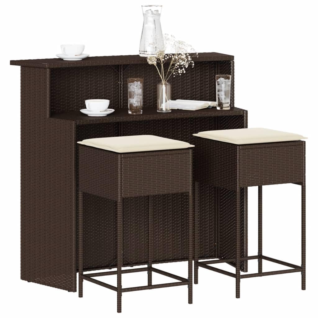 Set Bar da Giardino 3 pz con Cuscini in Polyrattan Marrone, Tavolo con Sedie, Tavolo Giardino con Sedie, Bancone Bar da Casa, Tavolo Bar con Sgabelli