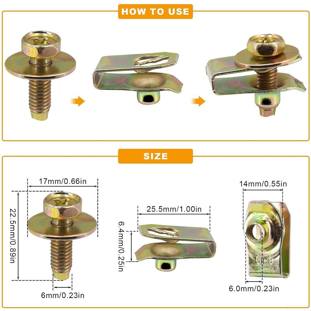 Set di dadi a U per auto M5 M6 M8 con struttura in acciaio inossidabile e finitura zincata per applicazioni di fissaggio sul cruscotto (dado a clip 20U + 20 viti)