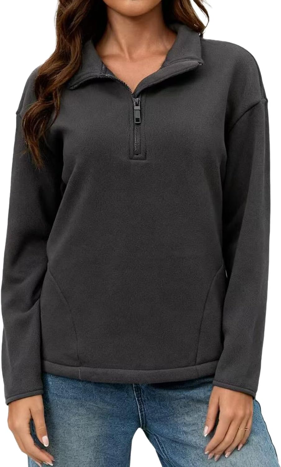 ZFLM Women's Classic Slim-Fitting Half-Zip Fleece Jacket Long-Sleeved Short Winter Coat With Pockets