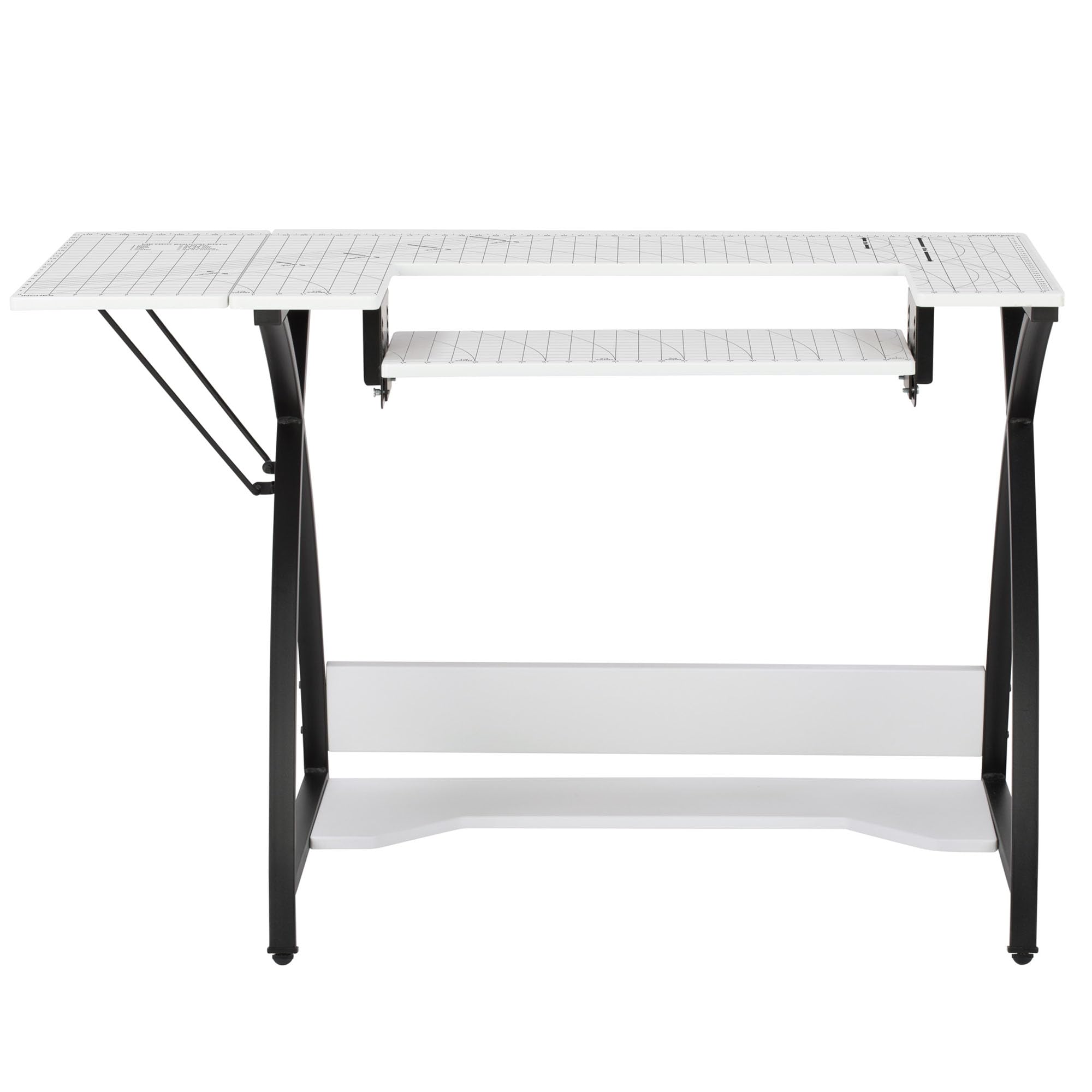 Tavolino da cucito con piano bianco a griglia e gambe nere, tavolo per macchina da cucire con piattaforma regolabile, prolunga ribaltabile e ripiano portaoggetti, quilting/artigianato o gioco/computer