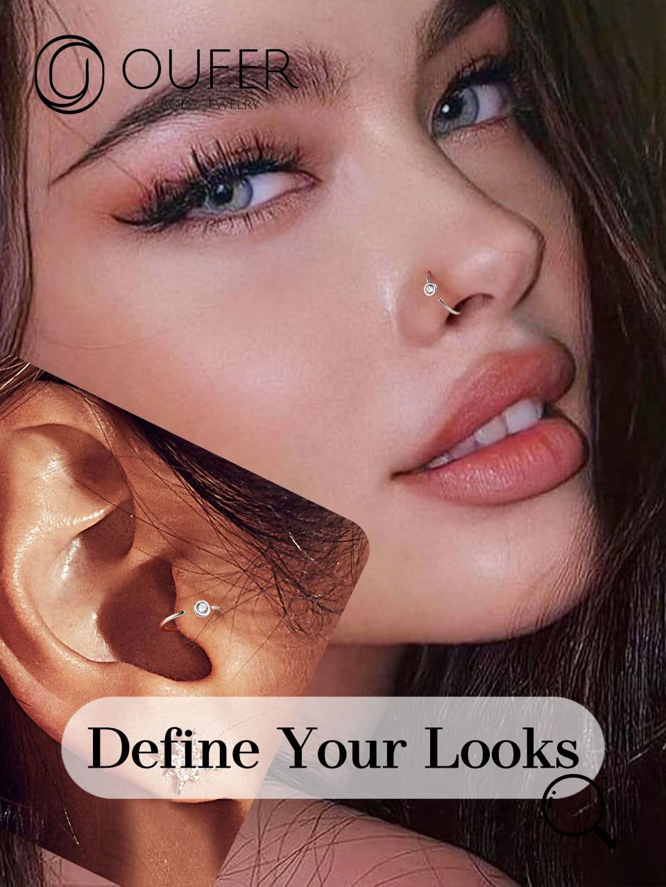 OUFER 20G Anello Naso Gold Seamless Open Piercing Naso Argento 925 CZ Trasparente Piercing Naso Nostril 10 mm Nose Piercing Nose Hoop Piercing Naso Donna Anellino