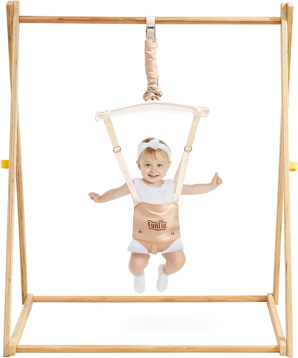 FUNLIO Montessori Wooden Baby Jumper with Stand for 6-36 Months, Adjustable Baby Bouncer for Indoor/Outdoor Play, Foldable Toddler Jumper for Baby Girl/Boy, Easy to Assemble & Store