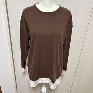 Lサイズ相当 ブラウン 長袖 フリース生地 トップス 重ね着風 レイヤード風 バイカラー