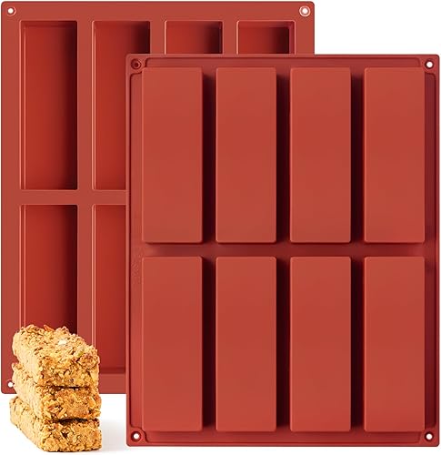 Miniatura 1 de Paquete de 2 moldes de barra de granola de silicona, molde de barra de proteína rectangular de 8 cavidades, moldes de silicona para hornear,