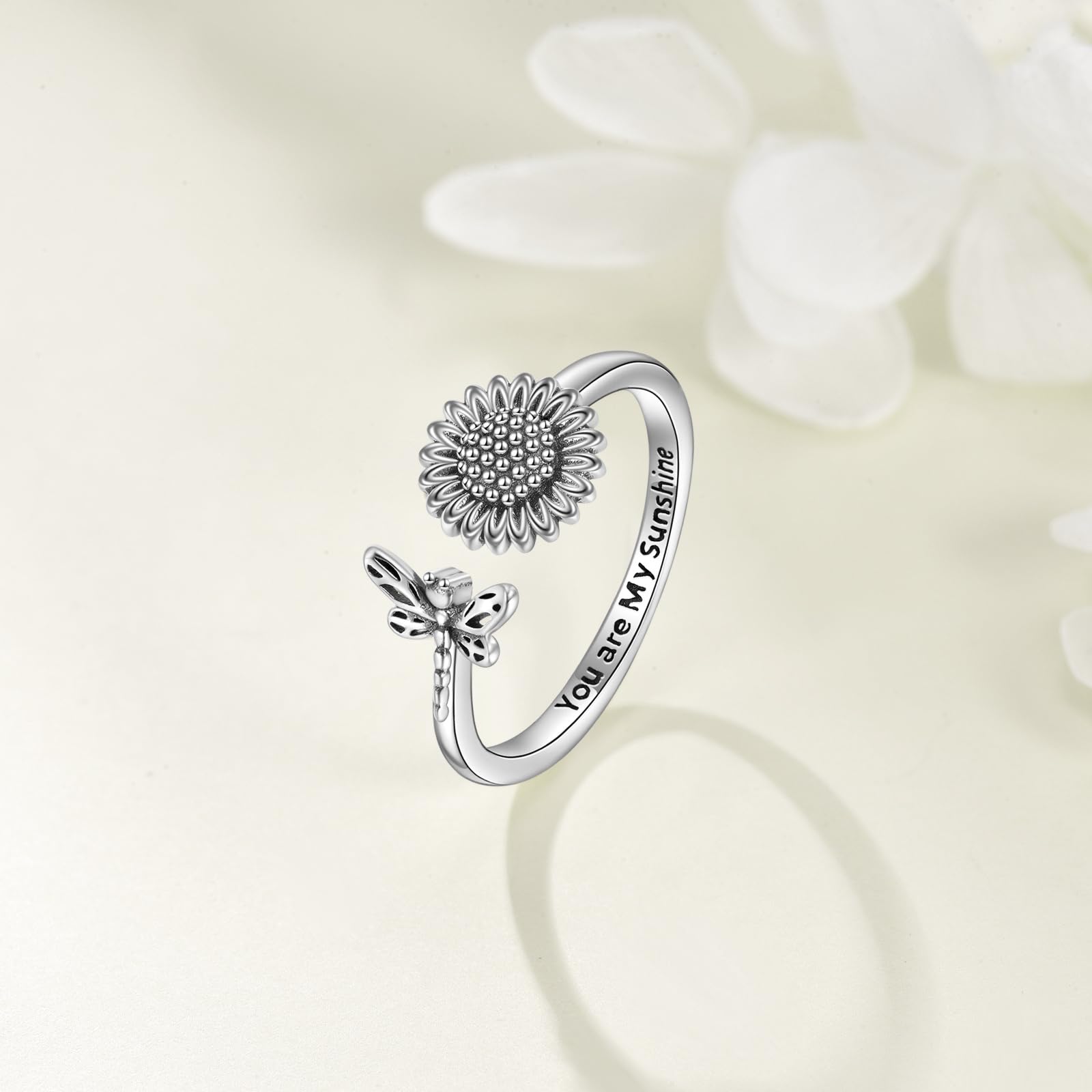 YFN Sunfower - Anillo de plata de ley vintage ajustable con girasol, regalo para mujeres y niñas