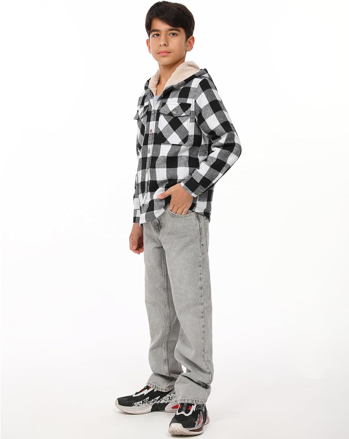 ZENTHACE Boys Sherpa Fleece Lined Flannel Plaid Button Down Shirt Jacket,Hooded Flannel Shirt with Hand Pockets
