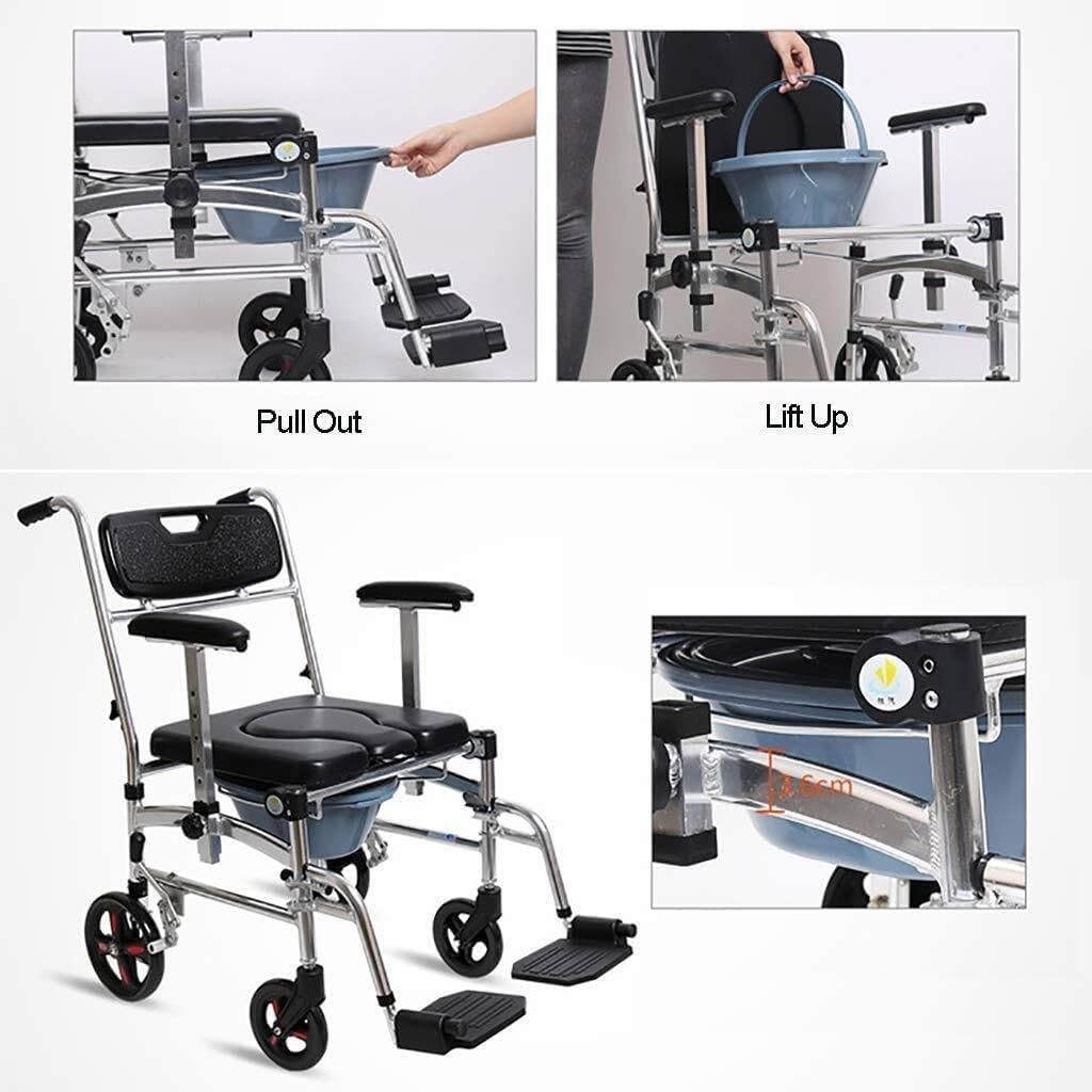 Shower Commode Chair with Wheels - Waterproof Aluminum Portable Foldable Bedside Commode Bath Toilet Shower Wheelchair with Handbrakes