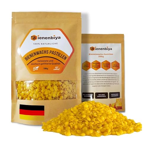 Bienenbiya® 100% Reine Bienenwachs Pastillen (100g) ohne Zusatzstoffe, natürliches Beeswax für Salben,Kosmetika,Seifen,Kerzenherstellung und Leder-/Holzpflege