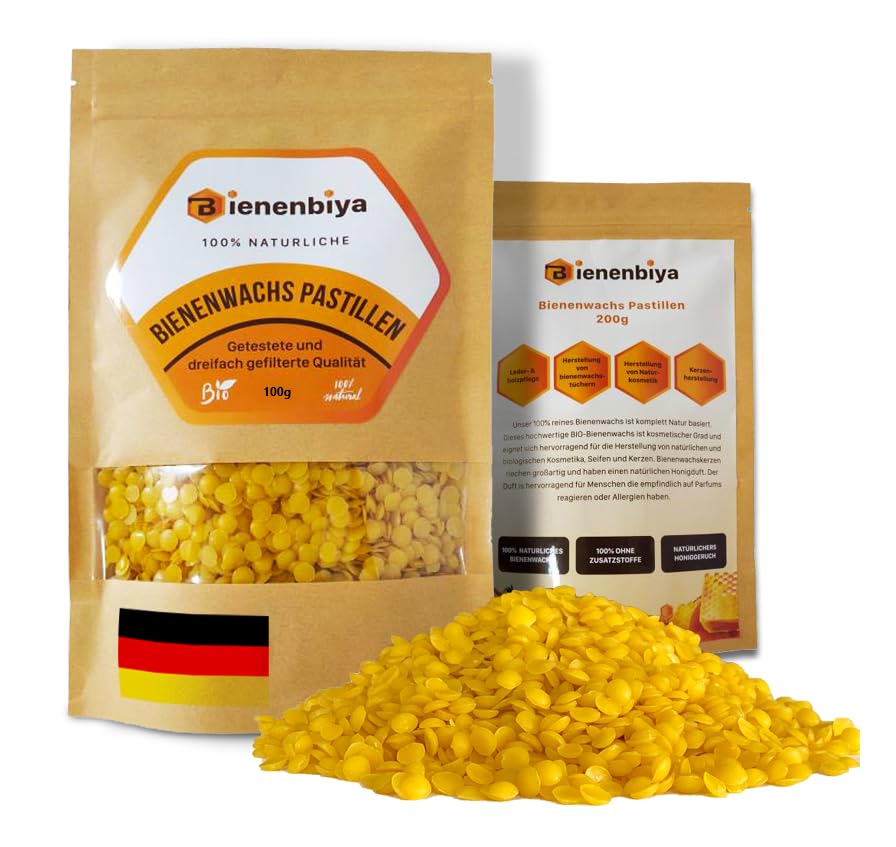Bienenbiya® 100% Reine Bienenwachs Pastillen (100g) ohne Zusatzstoffe, natürliches Beeswax für Salben,Kosmetika,Seifen,Kerzenherstellung und Leder-/Holzpflege