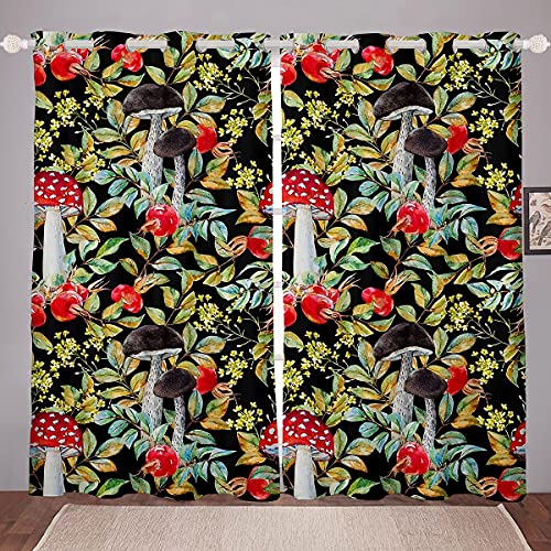 feelingyou Cortina para ventana de 175 x 140 cm, diseño de setas rojas y hojas verdes, para niños, niñas, con estampado Wild Botanical, juego de 2 cortinas para ventana