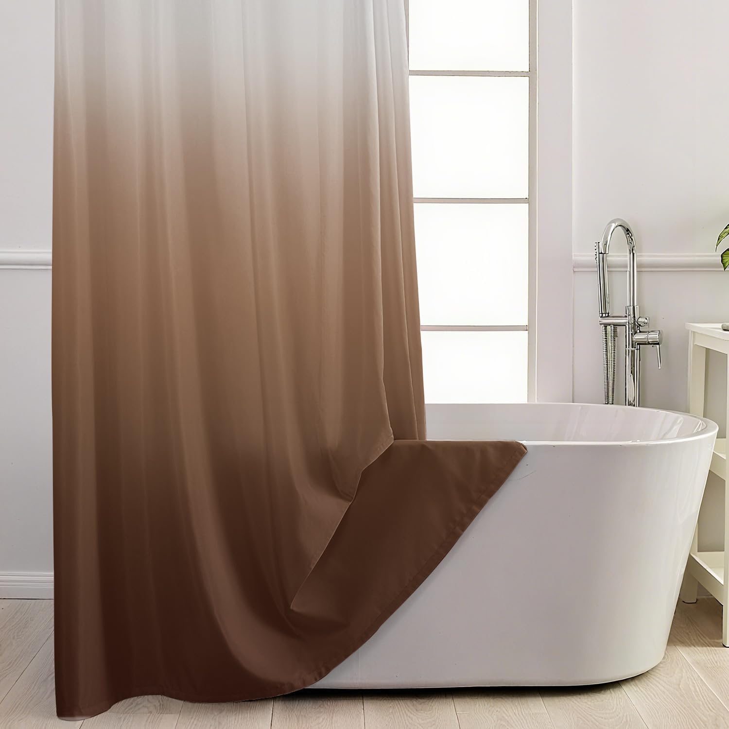 No Hook Shower Curtain with Snap in Liner, Ombre Brown Shower Curtains and Liner Set, Hotel Fabric Bath Curtain for Bathroom, Mesh Top Window Waterproof Washable, 71" x 74"