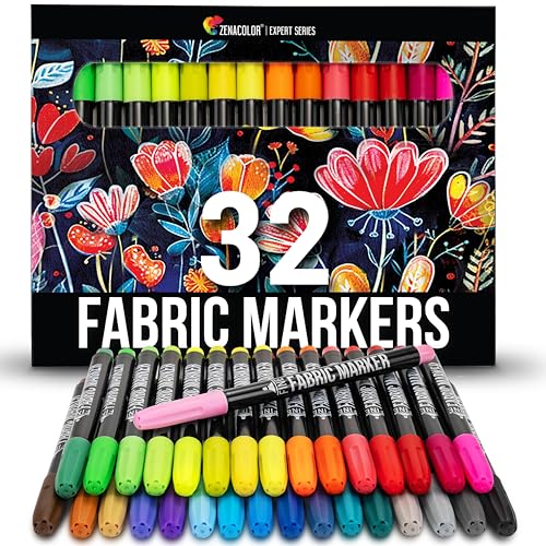 Zenacolor 32 Fabric Markers Pens - Non Toxic Indelible and Permanent Fabric Paint Pens - Fine Point Tip Textile Marker Pen