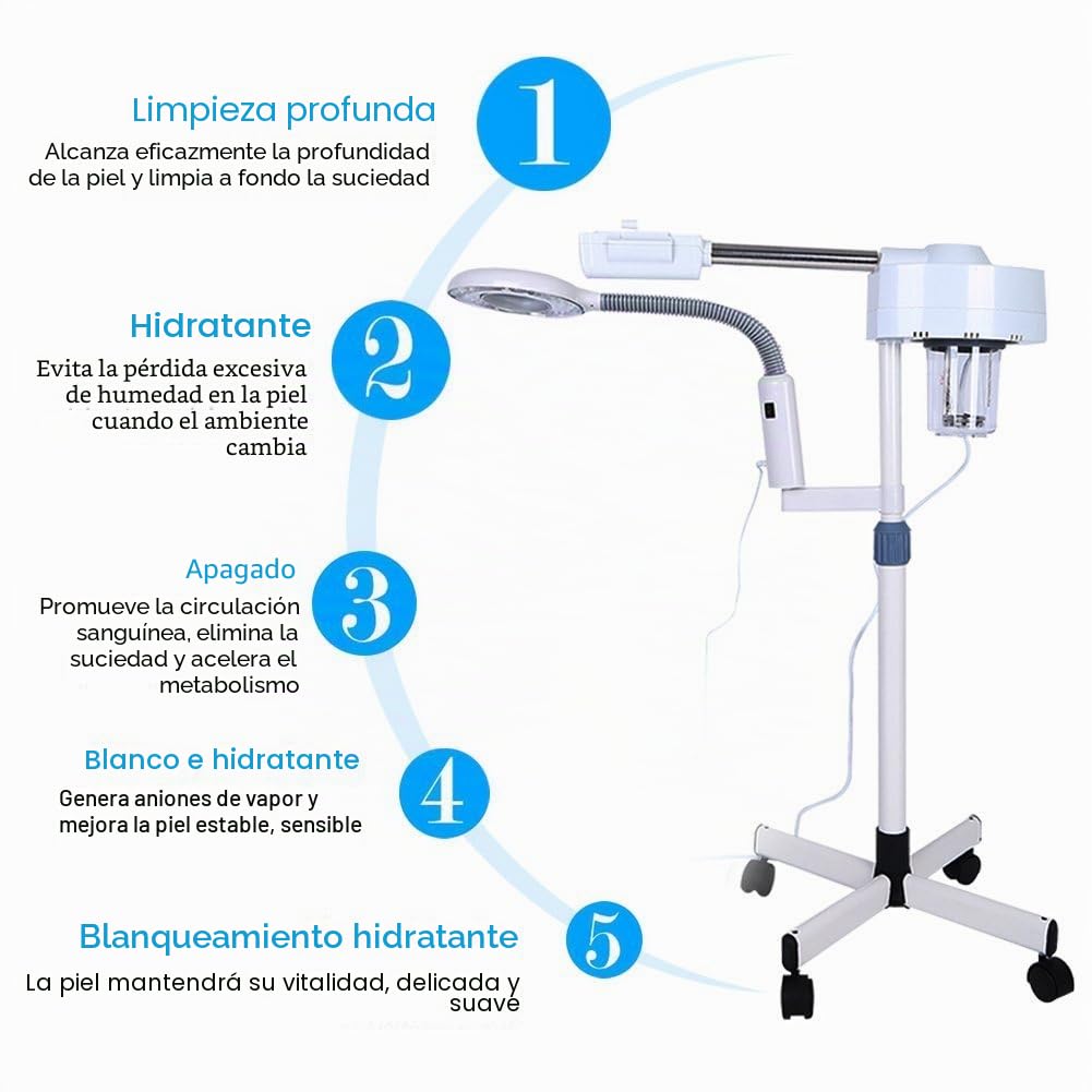 Vaporizador facial, LED 5 x con ampliación, máquina de pie 2 en 1, vaporizador facial, multifunción, spa profesional, humidificador de belleza facial, herramienta de cuidado de la piel