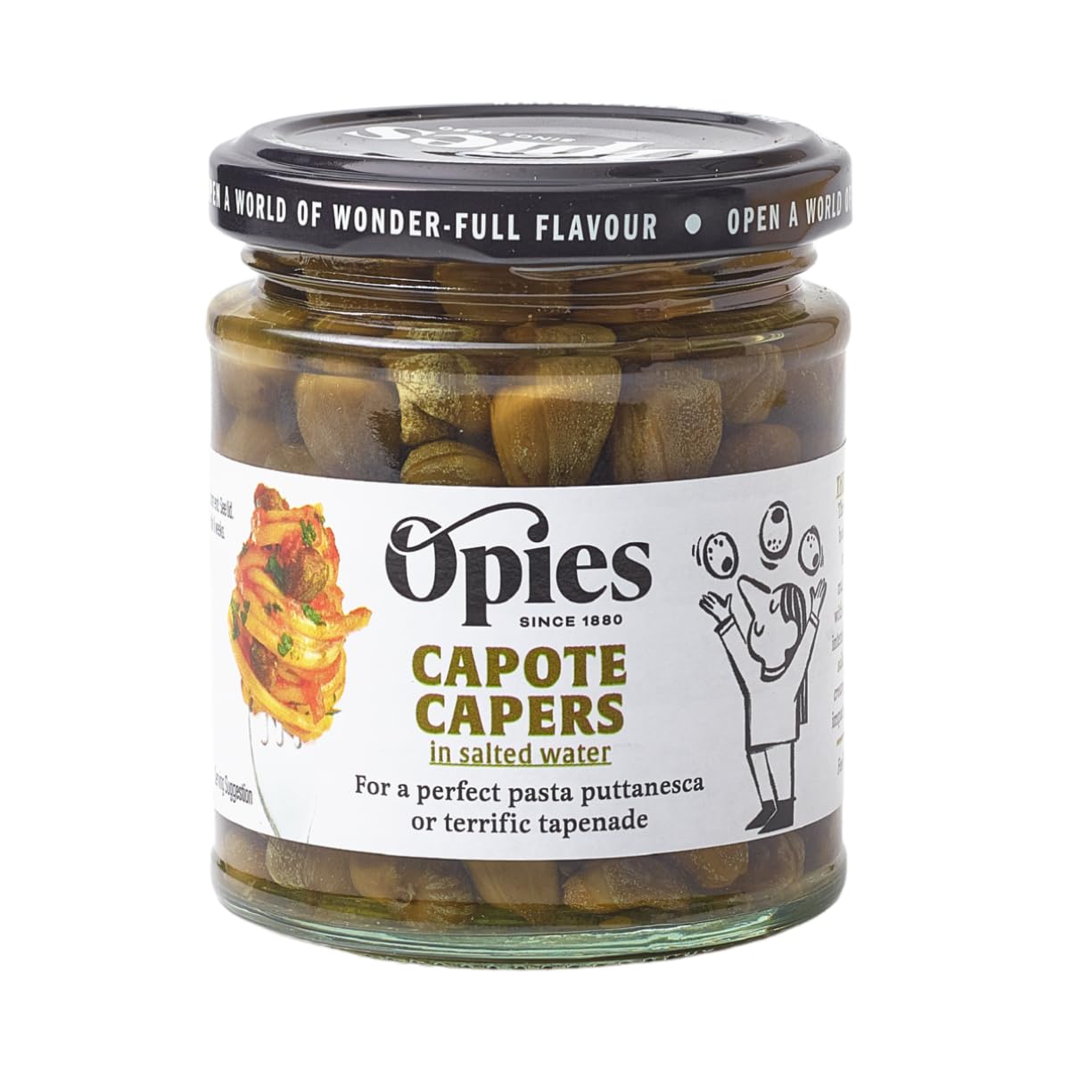 Opies Capers in Spirit Vinegar, 180g - A Culinary gem that adds a burst of tangy and briny flavour - Perfect for Puttanesca sauce, tuna, ratatouille, Passata to garnishing a Caesar Salad.