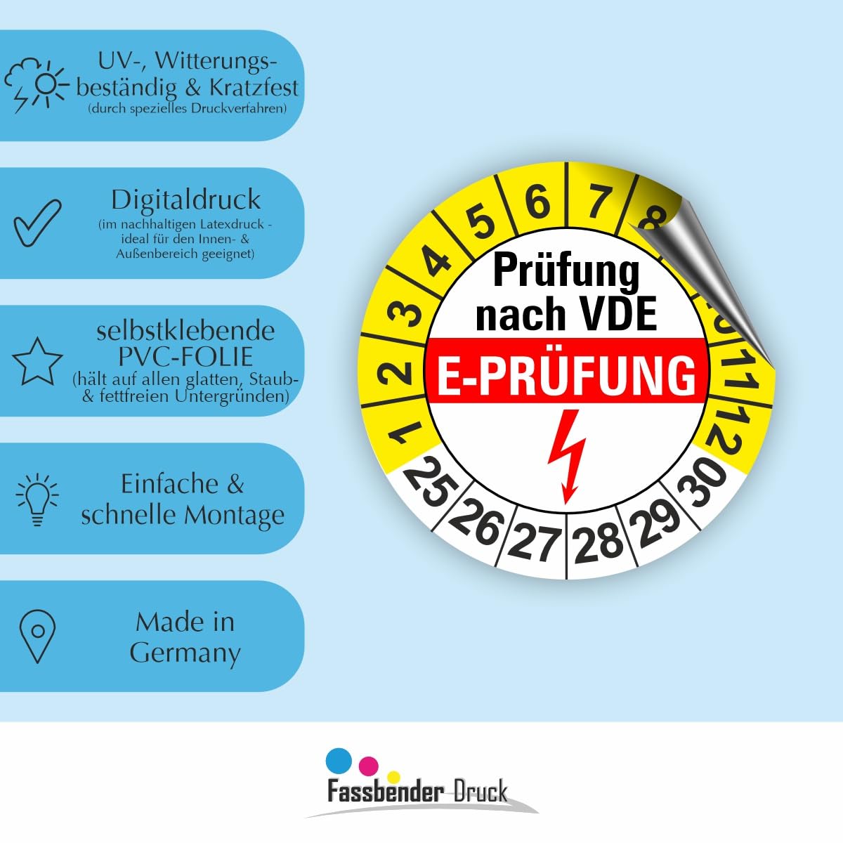 Hochwertige Prüfetiketten E-PRÜFUNG Ø 20mm - Selbstklebende PVC-Folie - Wartungsetiketten für Prüfung - Prüfplakette für Prüfungsnachweis (500 Stück)