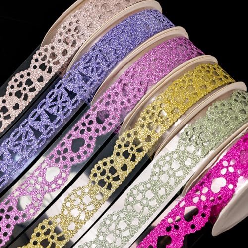 SallyFashion 6Rolls Glitter Lace Washi Tape Set, Decorative Scrapbook Tape