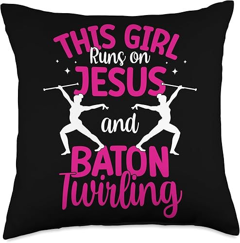 This Girl Runs on Jesus and Baton Twirling Throw Pillow, 18x18, Multicolor