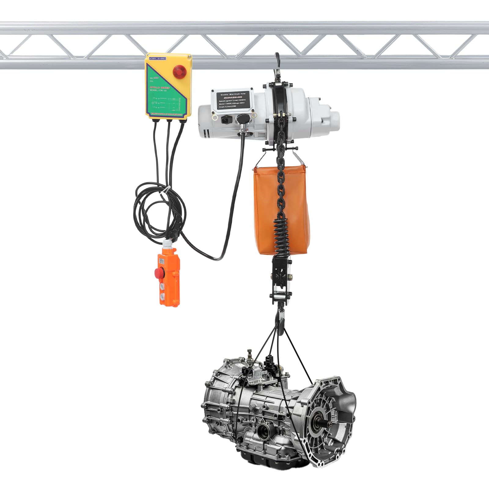 Paranco a catena, 1000 kg, cavo elettrico 1300 W, altezza di sollevamento 6 m, telecomando senza fili, protezione IP40, per officina e industria (bianco, arancione)