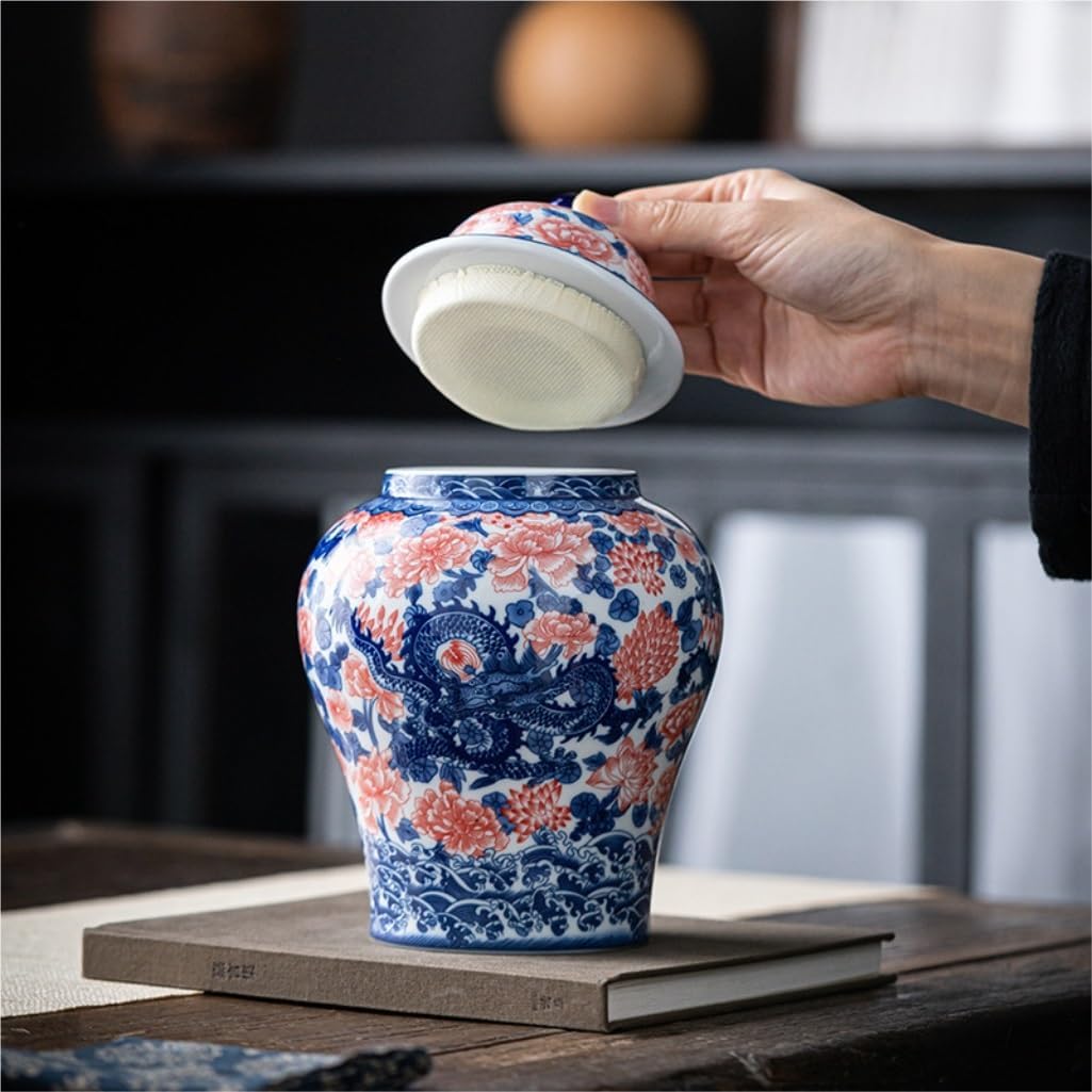 SONGCHAO Sugar Jar Retro Blue and White Underglaze Red Ceramic Dragon and Phoenix Jar Sealed Jar Tea Storage Jar Kitchen Storage Jar Tea Canister (Color : Phoenix Tea jar)