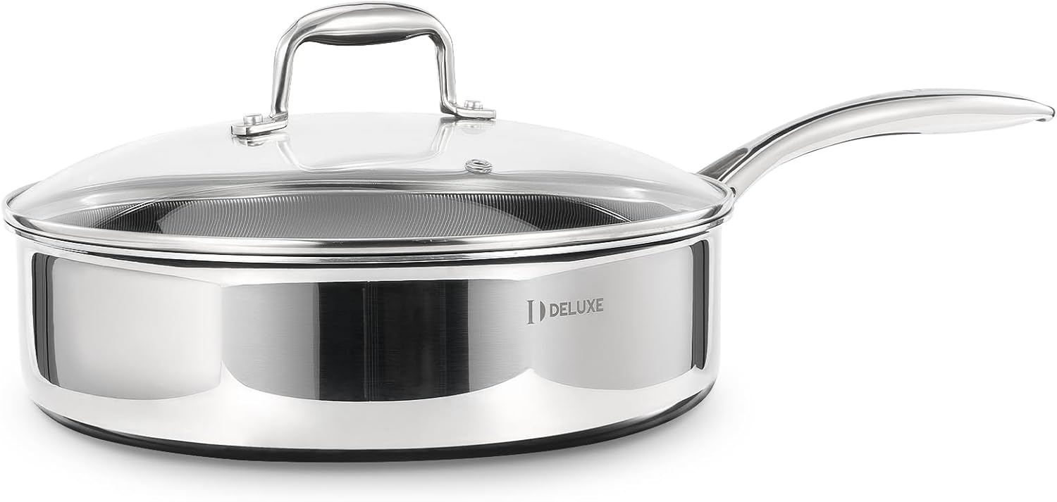 DELUXE Hybrid Ceramic Nonstick 5 Qt Deep Sauté Pan with Lid, Stainless Steel Skillet with Stay-Cool Handles, Dishwasher and Oven-Safe, PFOA Free Deep Frying Pan, Compatible with All Cooktops