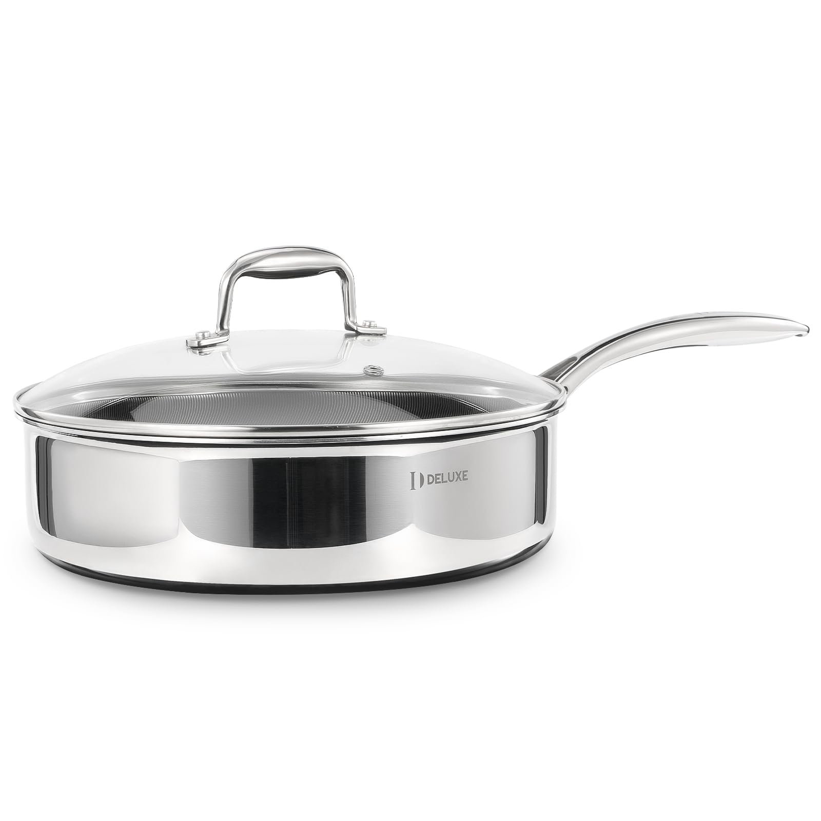 DELUXE Hybrid Ceramic Nonstick 5 Qt Deep Saut Pan with Lid Stainless Steel Skillet with Stay-Cool Handles Dishwasher