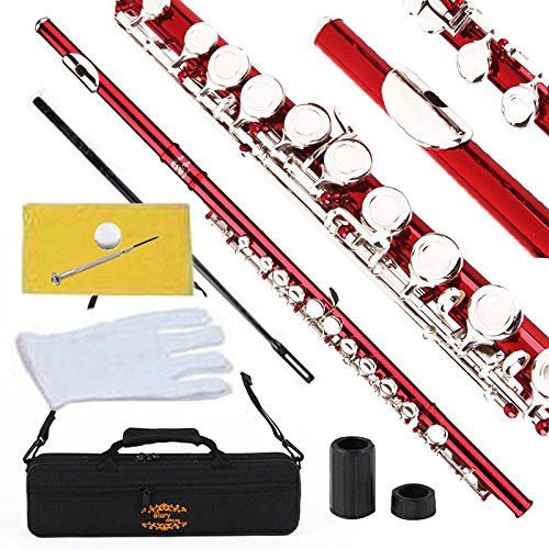 Glory Closed Hole C Flute With Case, Tuning Rod and Cloth,Joint Grease and Gloves Red -More Colors available,Click to see more colors