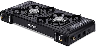 Krypton Portable Gas Stove Double Burner - Stainless Steel Top, Dual Safety Valve, Over-Pressure Protection - Camping Stove - Plastic Case, Die-Cast Aluminium Burner, Butane Gas - Outdoor and Indoor