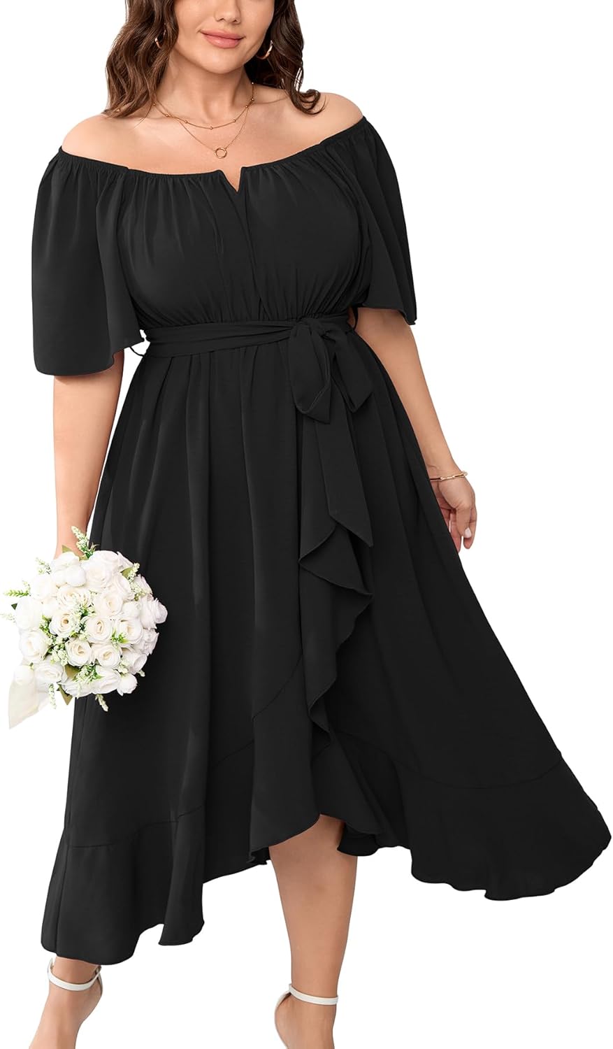 Womens Plus Size Cocktail Midi Dresses Short Sleeve Square Neck Flowy Formal Wedding Guest Dress Off The Shoulder