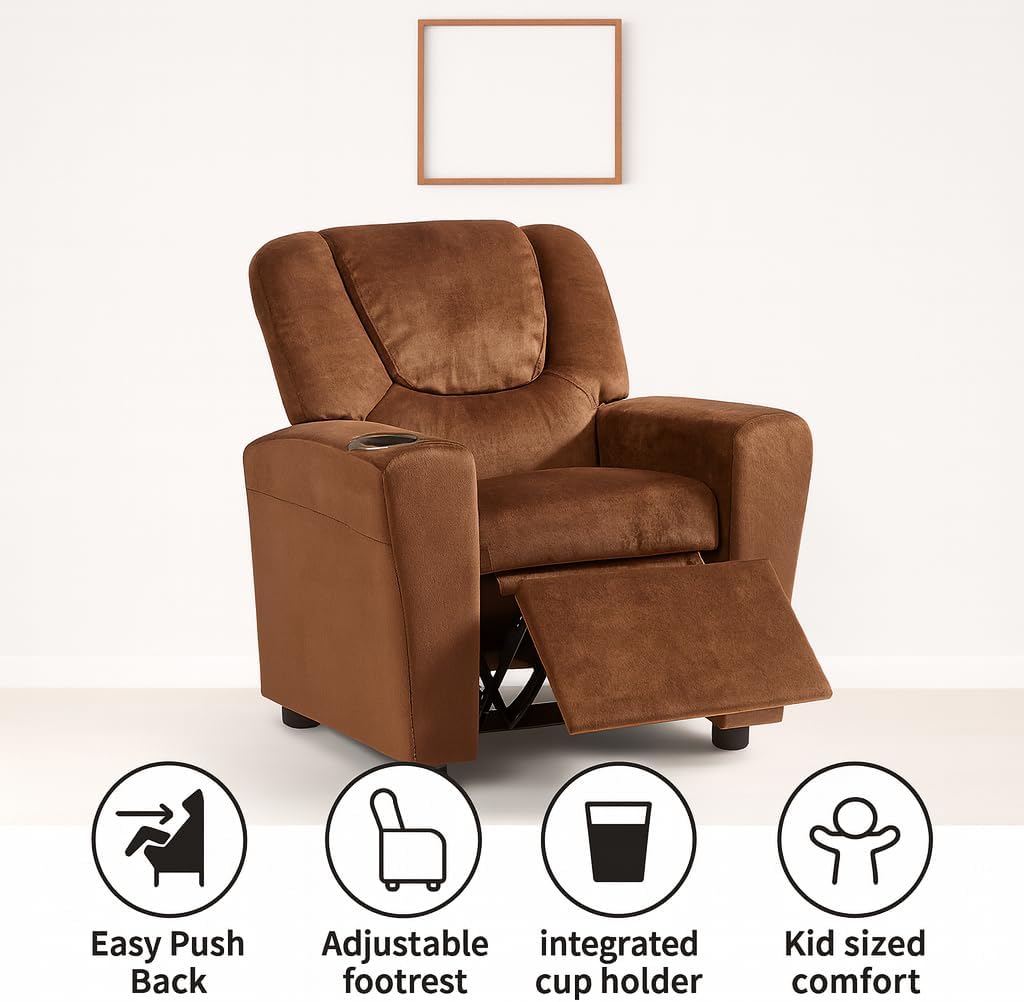 Naomi Home Suri Kids Recliner Chair with Cup Holder & Footrest, Built to Grow with 150 lbs Capacity, Solid Hardwood Frame, and 3 Recline Positions for Toddlers & Children, Brown,Microfiber