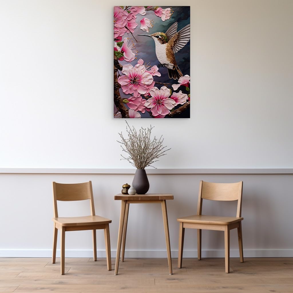 Canvas for Living room. Serenity in Motion: A Hummingbird's Dance Amongst Pink Blossoms Against a Tranquil Blue Gradient, 27 x 18 inch Canvas Wall Art - Contemporary Masterpieces - Nature Home Decor