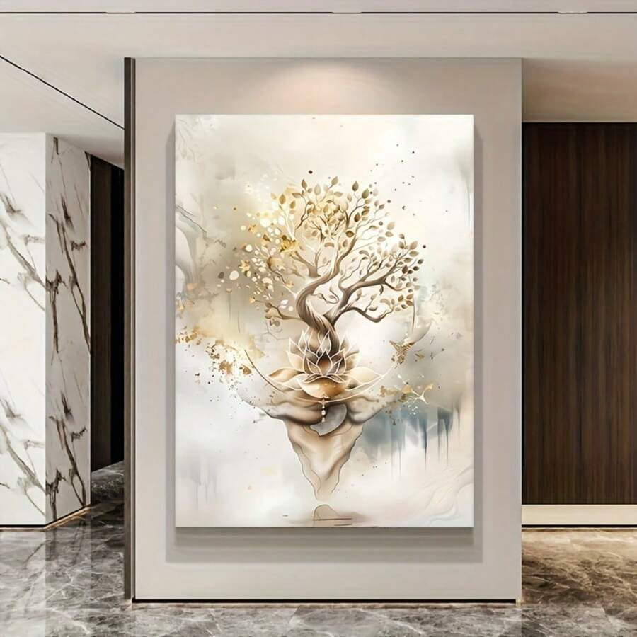 Tableau abstrait doré contre le stress au travail, toile nature 60x80cm de décoration murale