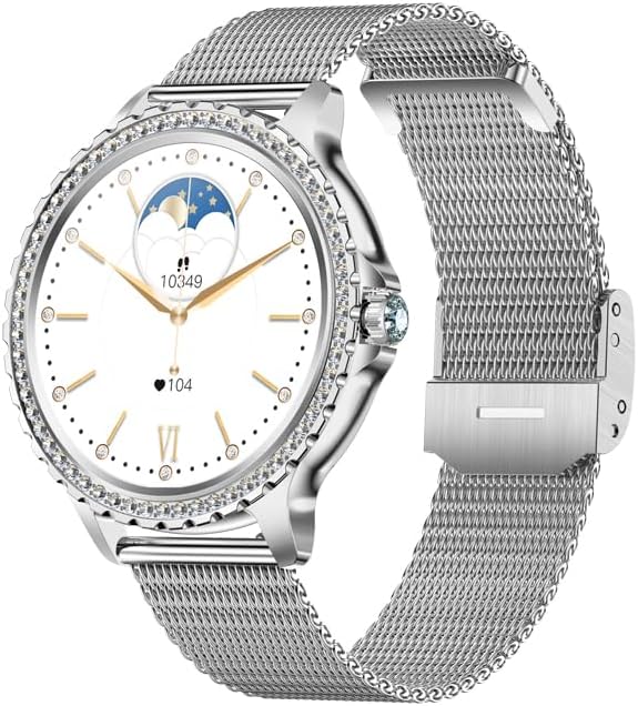 Lady's Fashion Smartwatch BT Call 1.32inch Round Screen Health Monitoring Fitness Tracker Waterproof AI Voice Assistant Women's i58 Smart Watch Gold Silver (Silver)