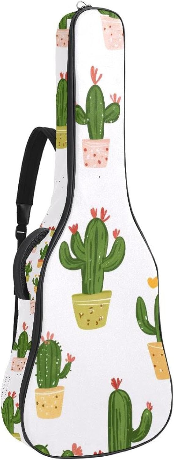 Cute Green Cactus Plants Pattern Acoustic Guitar Gig Bag, 1 cm Thick Padding Waterproof Guitar Bag Backpack for 40 41 42 Inch Electric Bass Classical Guitars