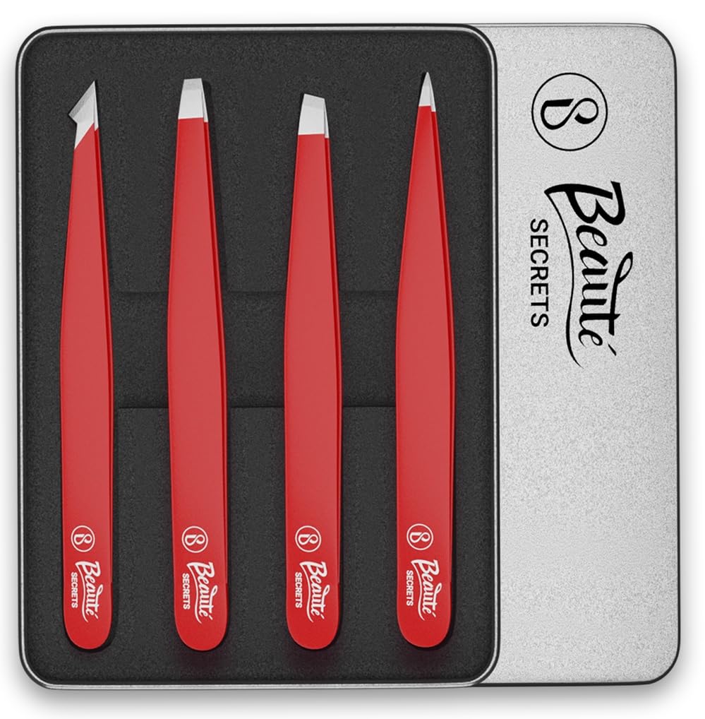 Tweezers Set - Professional Stainless Steel Tweezers, Best Precision Tweezers for Eyebrows - Great Precision for Facial Hair, Ingrown Hair, Splinter, Blackhead Remover, Red