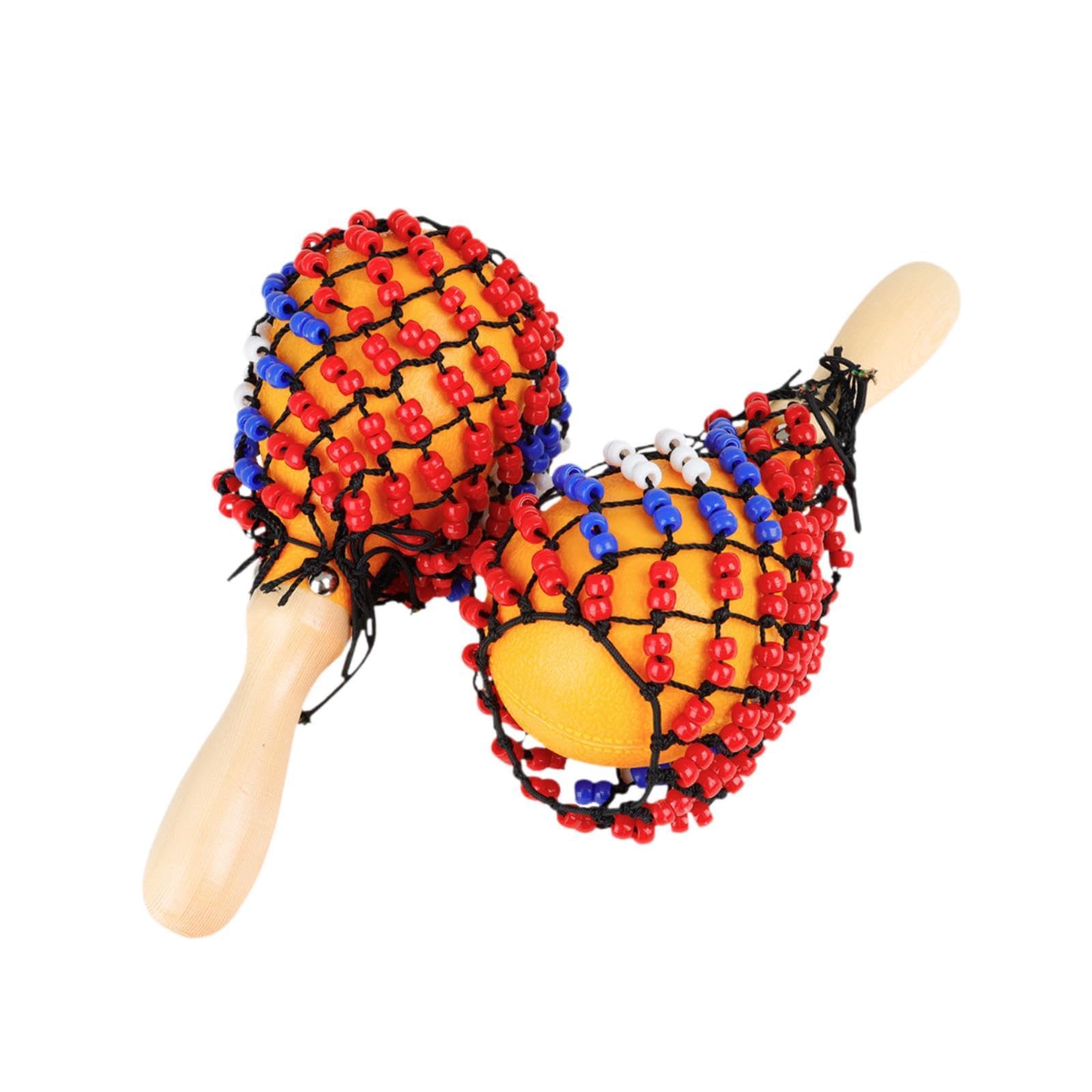 Colaxi 2x Wood Maracas Hand Percussion Bead Net DIY Portable Sand Hammers Musical Instrument for Game Playing Party Live Performance