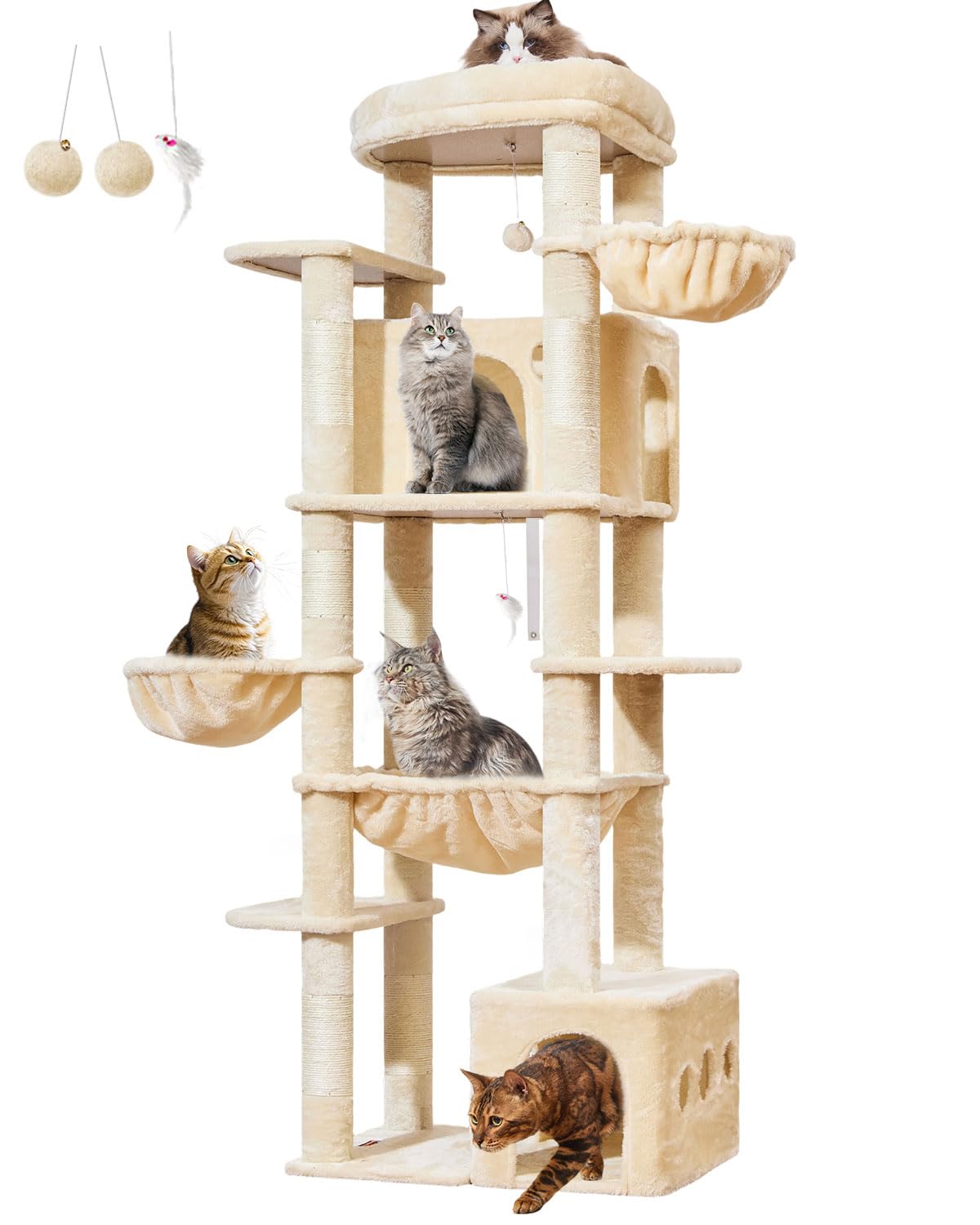 Taoqimiao Rascador para Gatos Grandes, 183cm Arbol Rascador para Gatos com 2 Espacioso Cuevas, 2 Cesta, 7 Poste de Sisal, Hamaca,F20M Beige