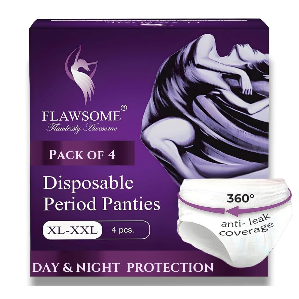 Flawsome 360° Period Panties for Women & Girls | Disposable Leak-Proof Underwear (XL-XXL, 4 Pack) | Rash-Free, Heavy Flow & Maternity Pads Alternative | 12 Hr Overnight Protection