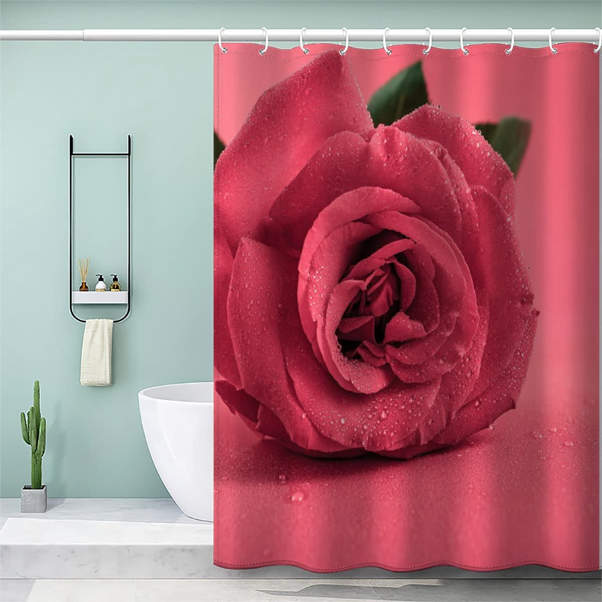 VASENA Rose Floral Shower Curtain Kids Mould Mildew Resistant Waterproof Polyester Fabric Bathroom Curtains Pink Shower Curtain with12 Hooks 120x180 cm