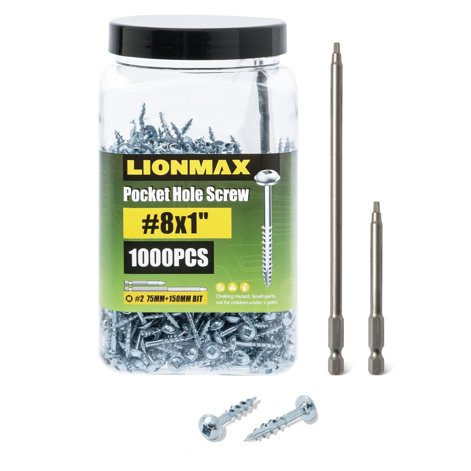 LIONMAX Pocket Hole Screws 1 Inch, 1000 PCS Interior Screws #8 x 1, Coarse Thread, Square Drive, Washer Head, Zinc Plated, 150MM and 75MM Drive Bit Included