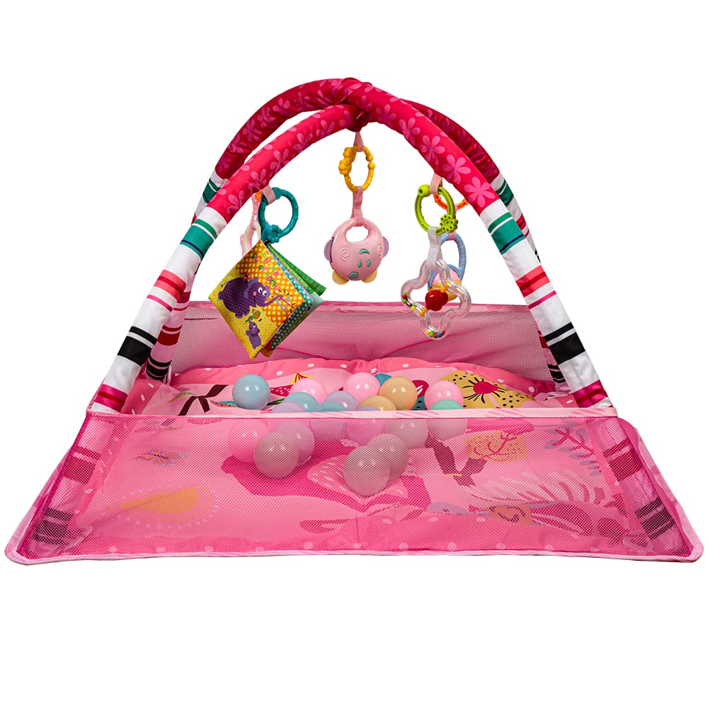 Parc de jeu bébé carré avec arche d'éveil, tapis d'activités, 18 balles de piscine incluses, pour nourrissons 0 à 3 ans，Rose