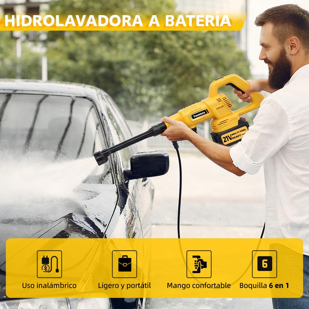 Hidrolimpiadora inalámbrica, 17 Piezas, 8000 mAh, máx. 68 Bares, con Boquilla 6 en 1 y Boquilla giratoria de 180°, hidrolimpiadora portátil para Coches, Bicicletas, terrazas y Jardines.
